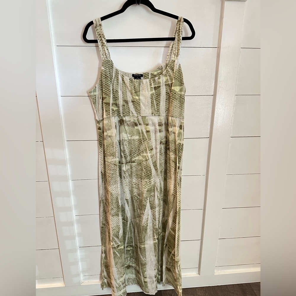 CALVIN KLEIN 1X Green Print adjustable strap cotton maxi dress old money casual